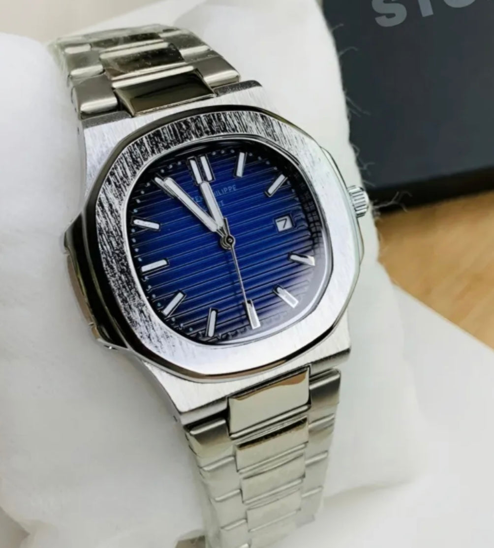 Luxury Men's Watch – Blue Dial, Stainless Steel Strap, Date Display