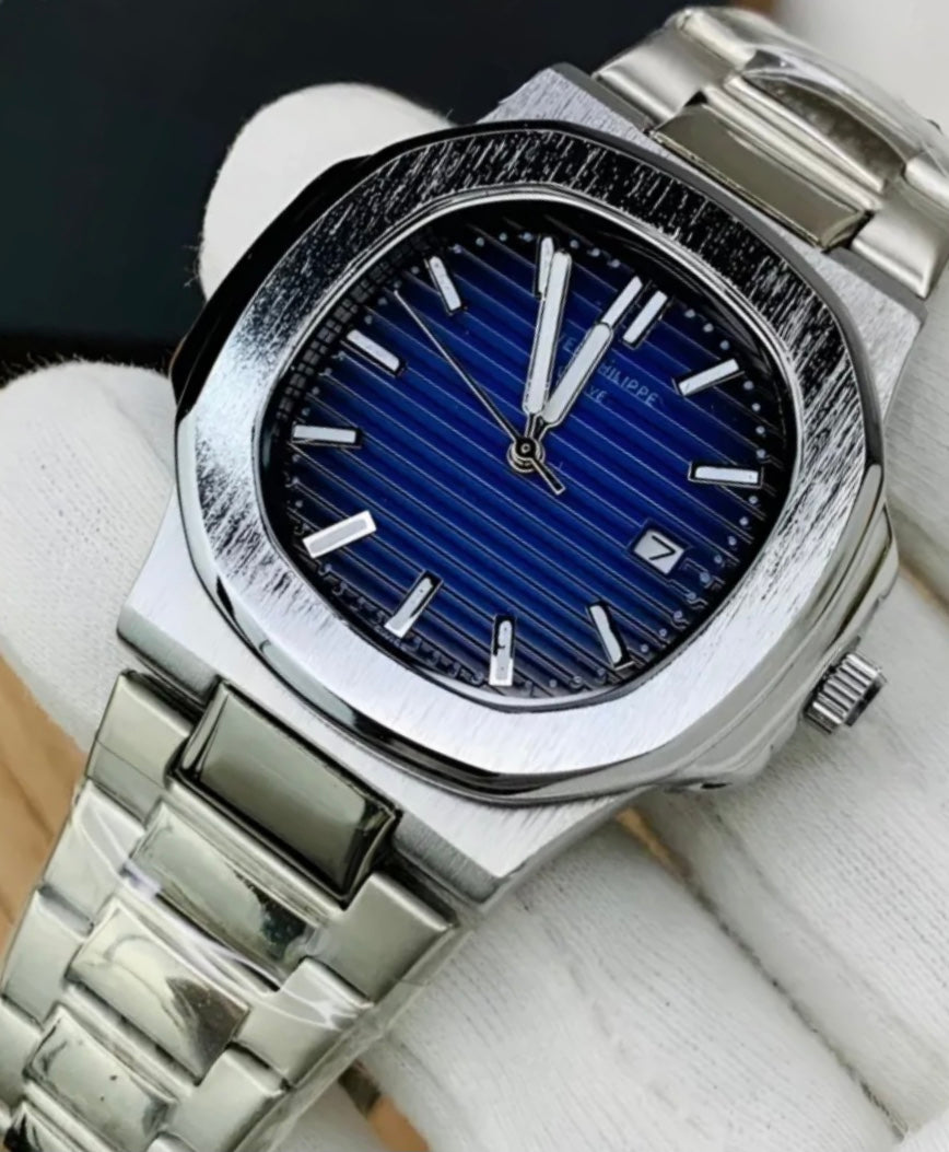 Luxury Men's Watch – Blue Dial, Stainless Steel Strap, Date Display