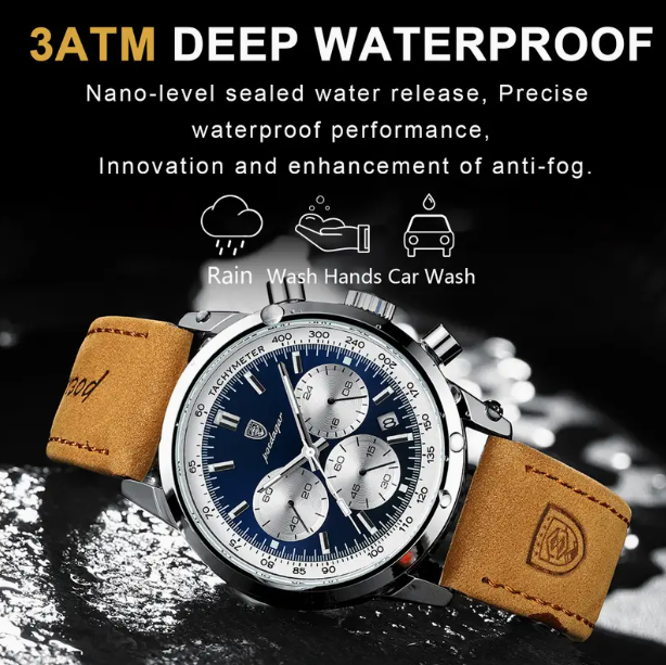 Poedagar Men’s Quartz Leather Watch – Waterproof & Calendar Display