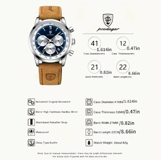 Poedagar Men’s Quartz Leather Watch – Waterproof & Calendar Display