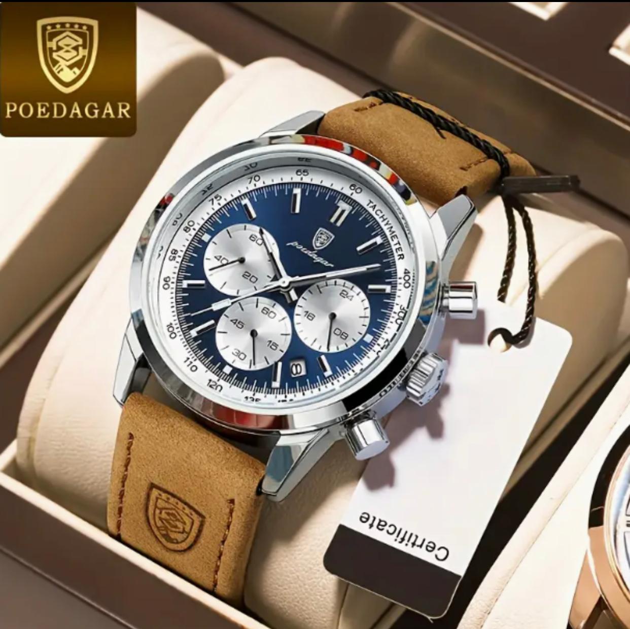 Premium Poedagar men's luxury waterproof watch with date display and genuine leather strap – Xeemora