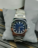 Patek Philippe stainless steel luxury watch with blue dial, date display, and elegant design for men – premium wristwatch