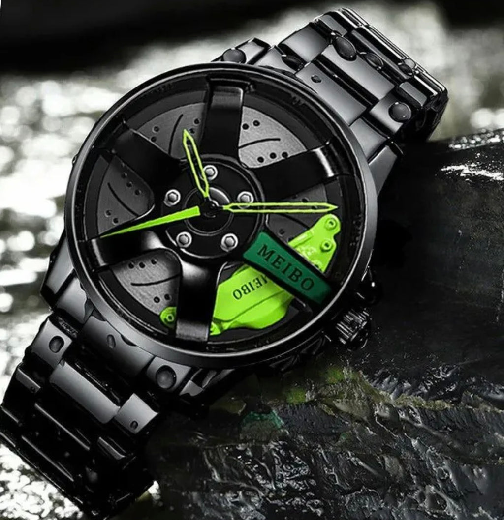 Wheel Rim Design Black Men's Watch with Unique Sports Dial, Date Display, and Stylish Metal Strap