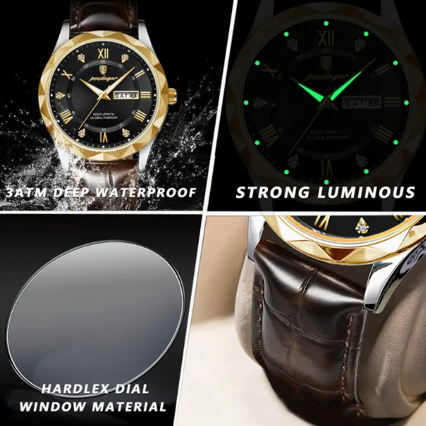 POEDAGAR Men's Quartz Watch – Leather Strap, Calendar & Water-Resistant