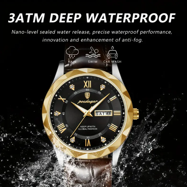 POEDAGAR Men's Quartz Watch – Leather Strap, Calendar & Water-Resistant
