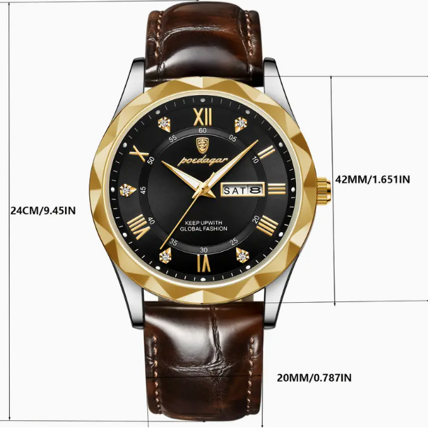 POEDAGAR Men's Quartz Watch – Leather Strap, Calendar & Water-Resistant