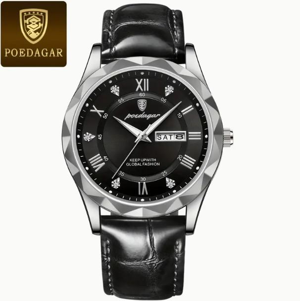 Poedagar Luxury Men's Watch with Leather Strap, Day and Date Display, Elegant Black Dial, and Water-Resistant Design