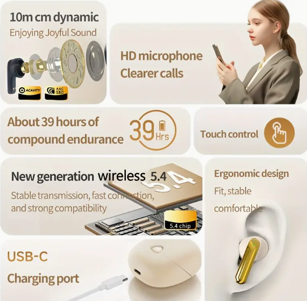 Aigo 5.4 TWS Wireless Earbuds – LED Display & Built-in Mic