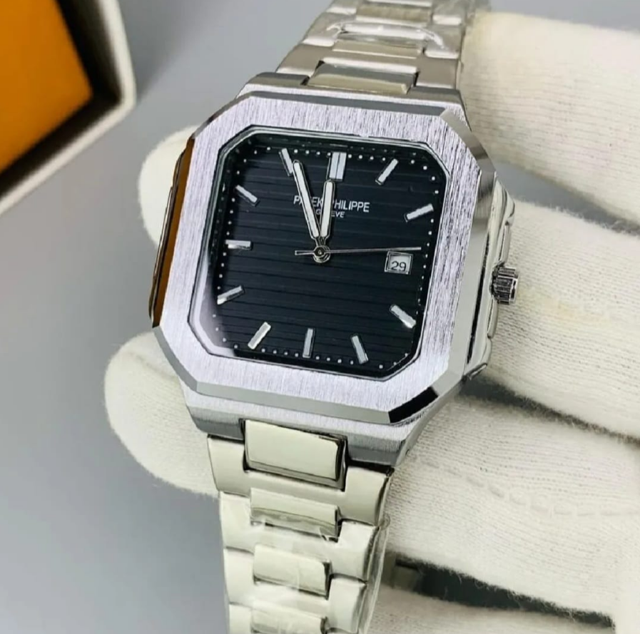 Patek Philippe Men's Luxury Watch with Square Black Dial, Date Feature, and Stainless Steel Strap.