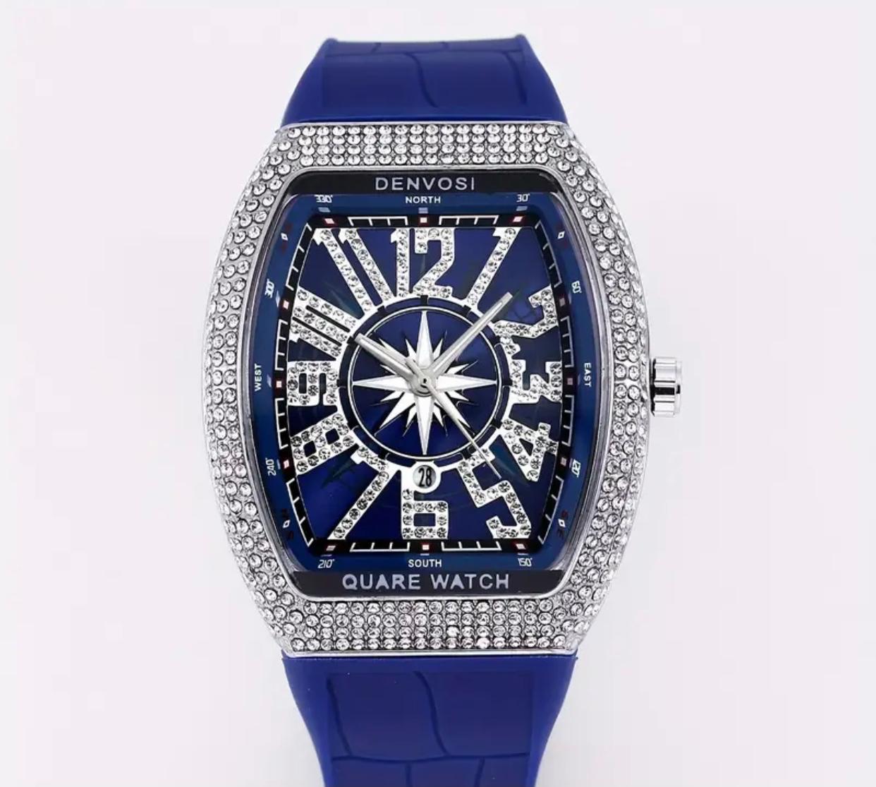 Men’s Fashion Luxury Watch – Square Dial, Rose Gold, Diamond Bezel