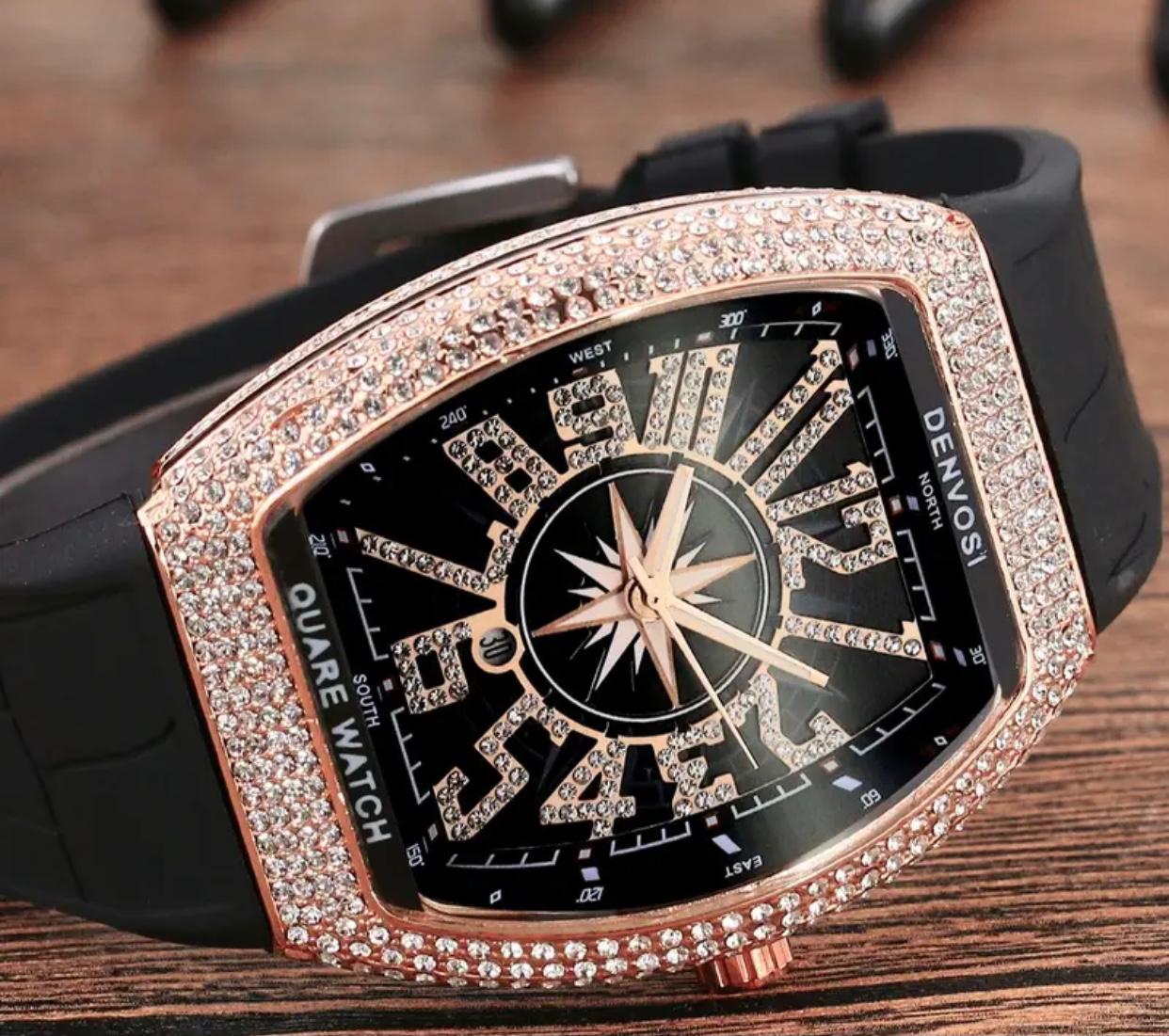 Men’s Fashion Luxury Watch – Square Dial, Rose Gold, Diamond Bezel