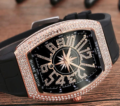 Men’s Fashion Luxury Watch – Square Dial, Rose Gold, Diamond Bezel