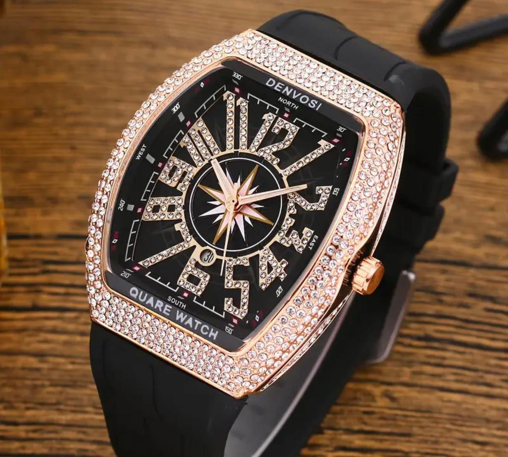 Men’s Fashion Luxury Watch – Square Dial, Rose Gold, Diamond Bezel
