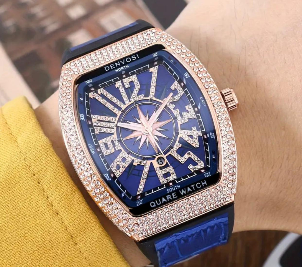 Men’s Fashion Luxury Watch – Square Dial, Rose Gold, Diamond Bezel