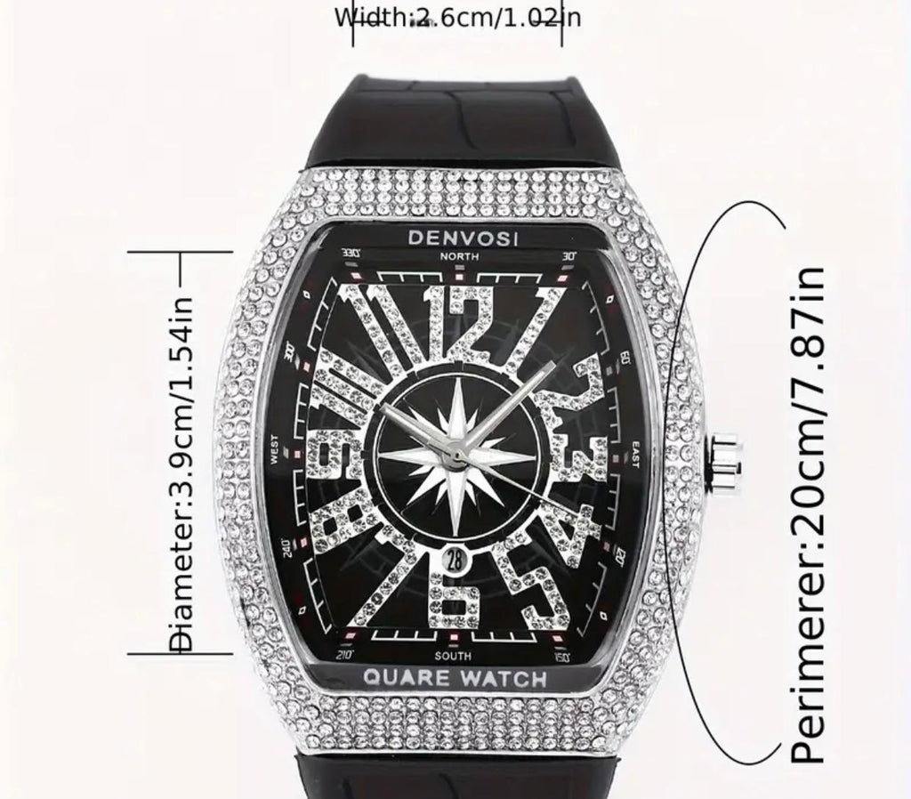 Men’s Fashion Luxury Watch – Square Dial, Rose Gold, Diamond Bezel