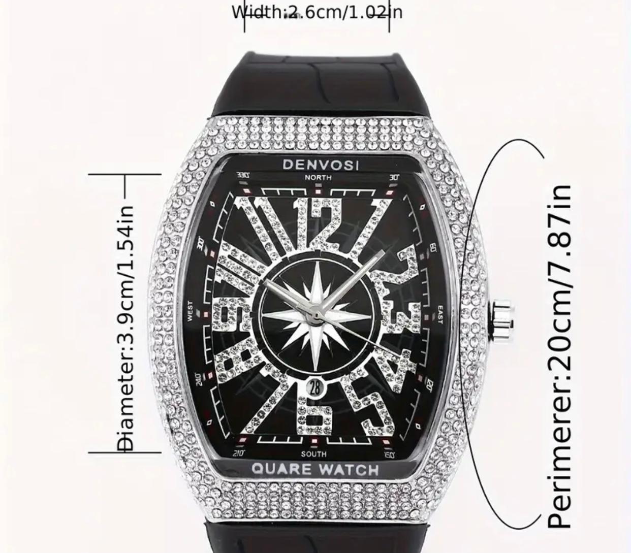 Men’s Fashion Luxury Watch – Square Dial, Rose Gold, Diamond Bezel