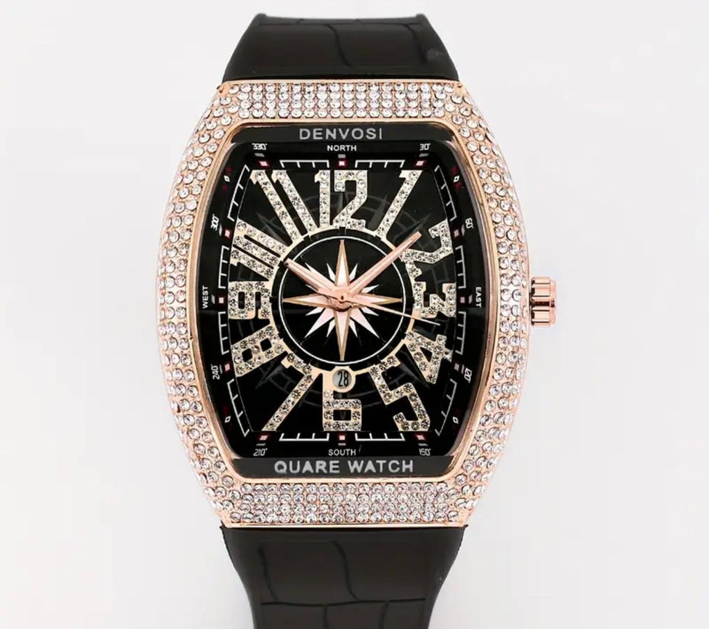 Denvosi luxury men's square watch with crystal-studded bezel, elegant black dial, premium design, perfect for formal and casual wear