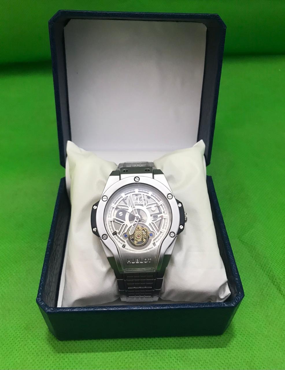 Hublot Men's Luxury Quartz Watch with Skeleton Dial, Date Display, and Stainless Steel Bracelet