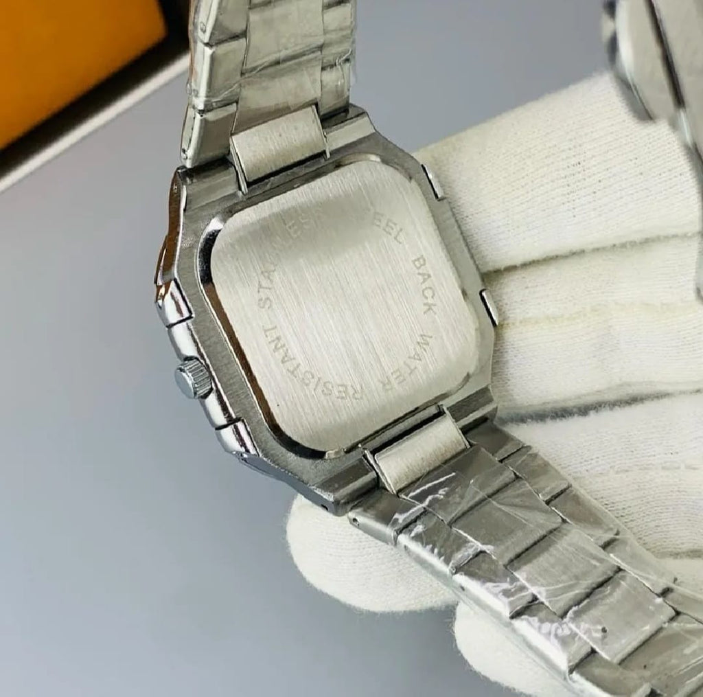 Modern Square Dial Watch – Stainless Steel, Date Display & Water-Resistant