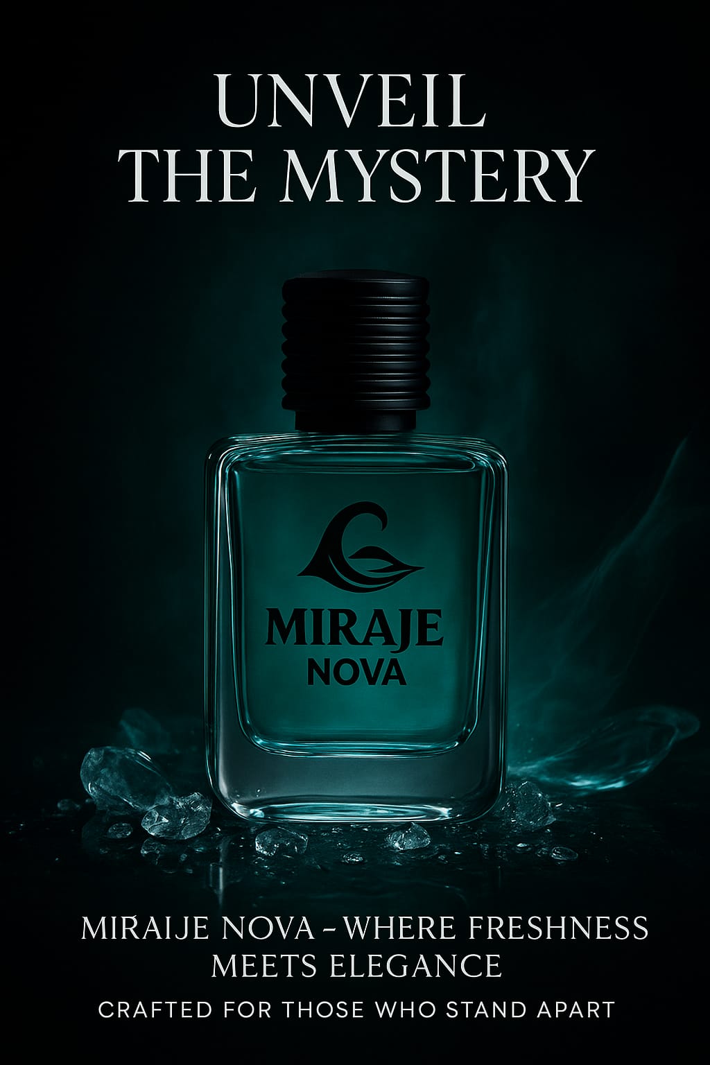Premium men's long-lasting perfume with vibrant citrus, warm spices, floral heart, and deep woody musk base – Miraje Nova.
