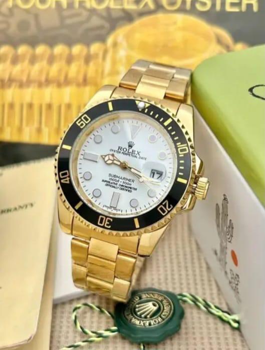 Rolex gold stainless steel men's watch with rotating bezel and date display, elegant luxury timepiece for formal and casual wear